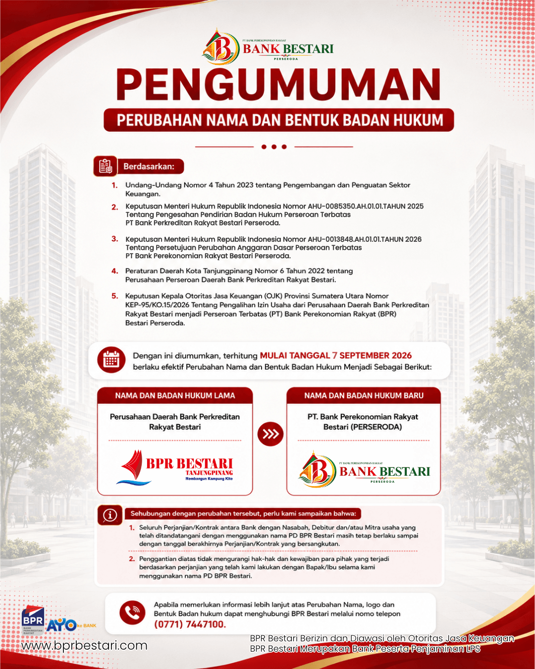 PENGUMUMAN Perubahan badan hukum BPR Bestari